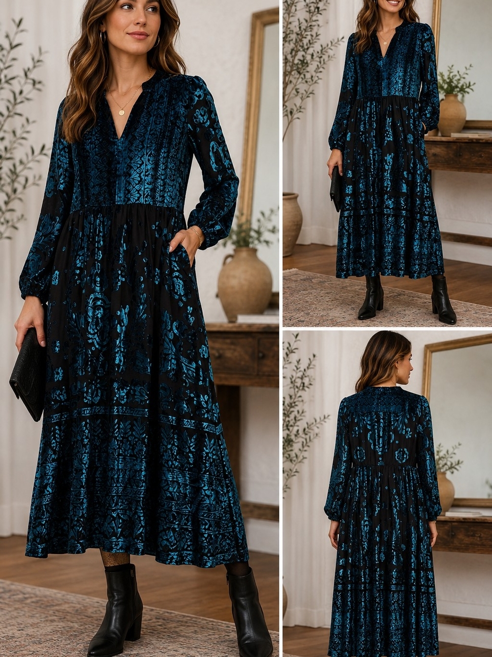 Soft Surroundings Teal-Blue Velvet Floral Maxi Dress